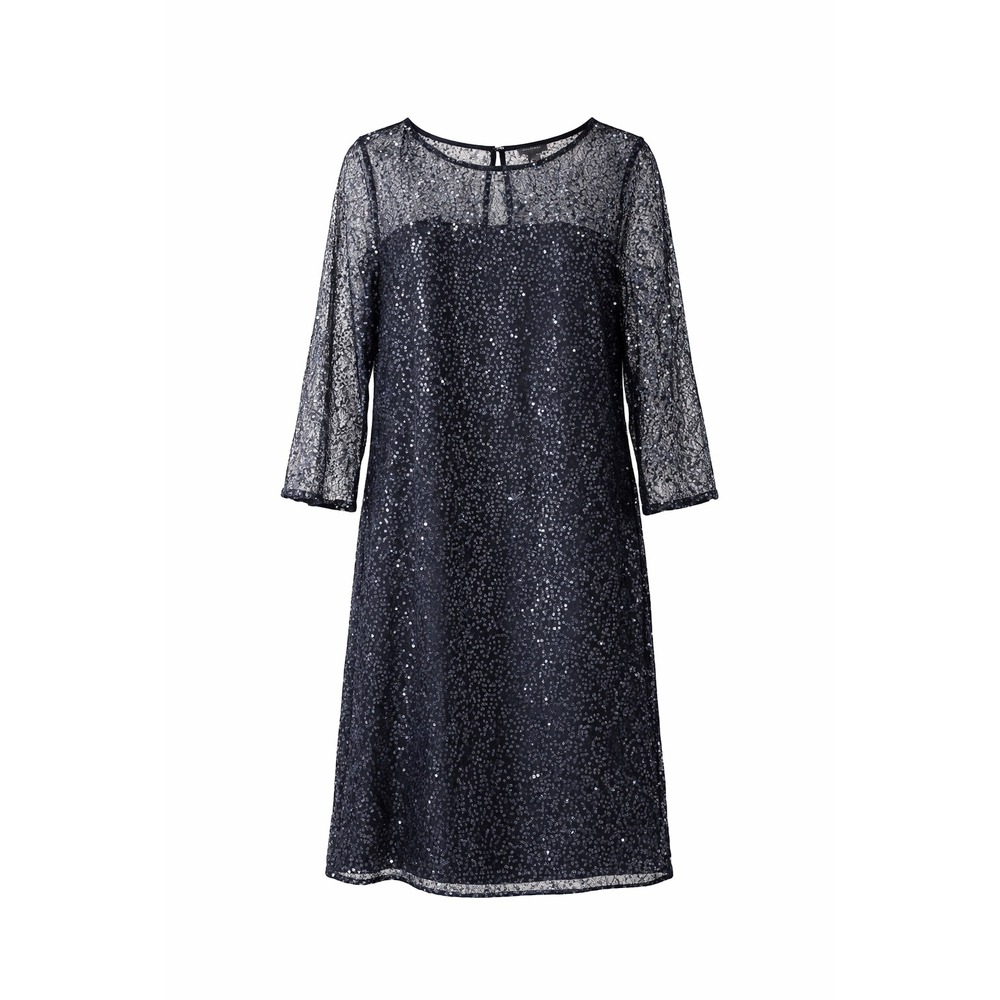 Ann Taylor Navy Sequin Lace Dress Size 12 Cocktail Party Sheer Sleeve Evening